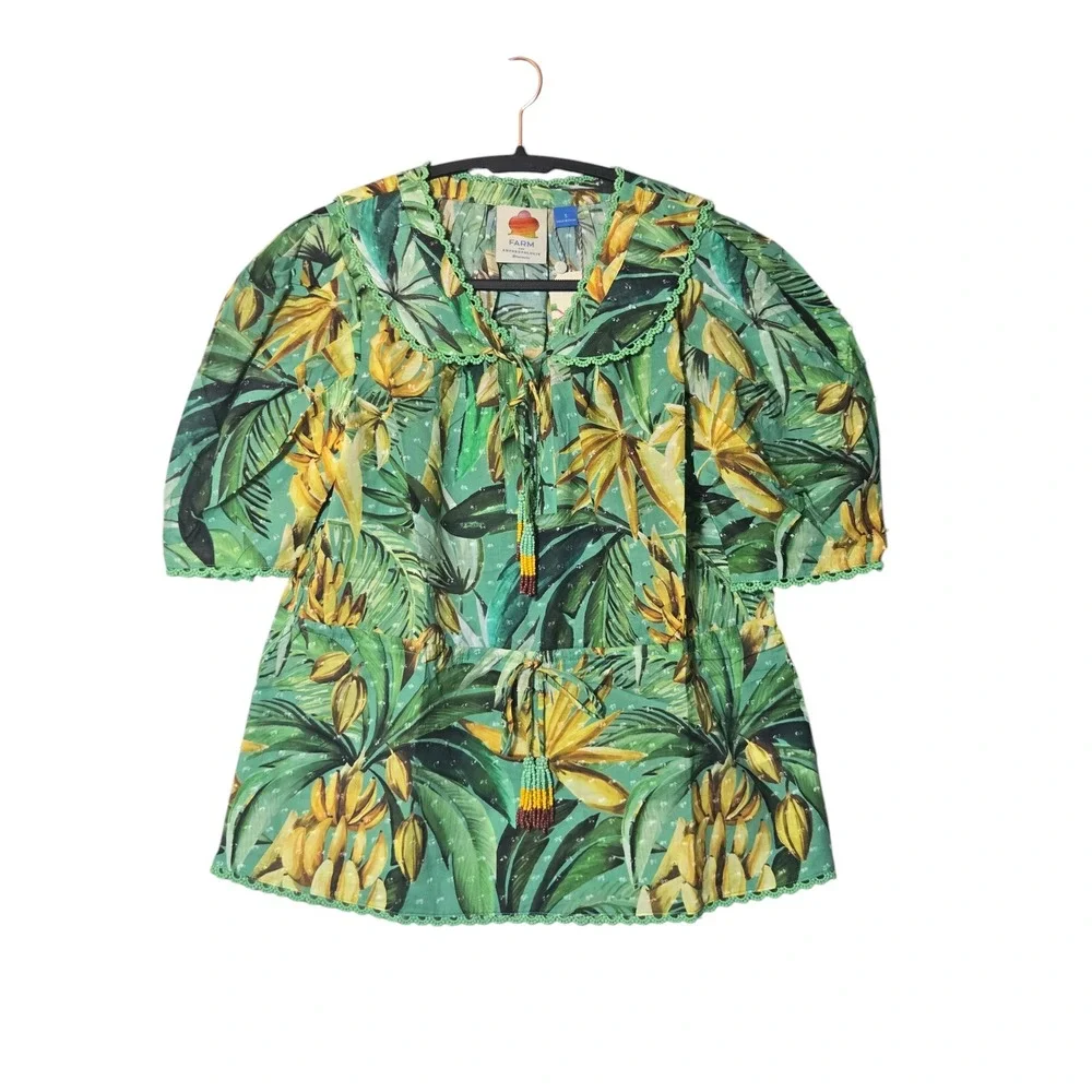 FARM Rio Puff-Sleeve Babydoll Blouse Green Banana S Tropical Resort Vacation NWT